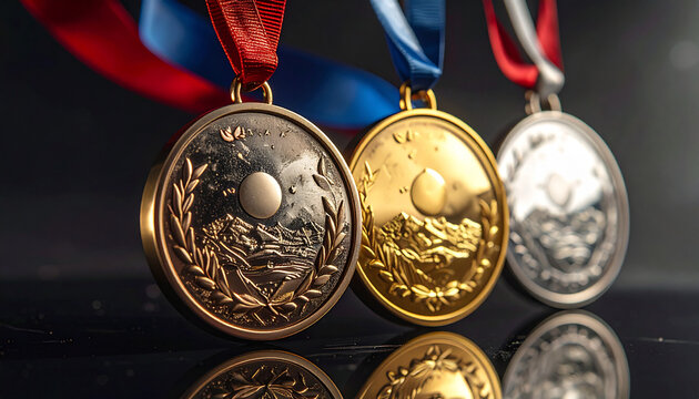 Close up of three medals with colorful ribbons against dark backdrop