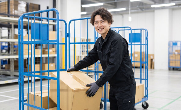 物流センターで段ボールを運ぶ笑顔の男性作業員　ロールボックスパレットと荷物