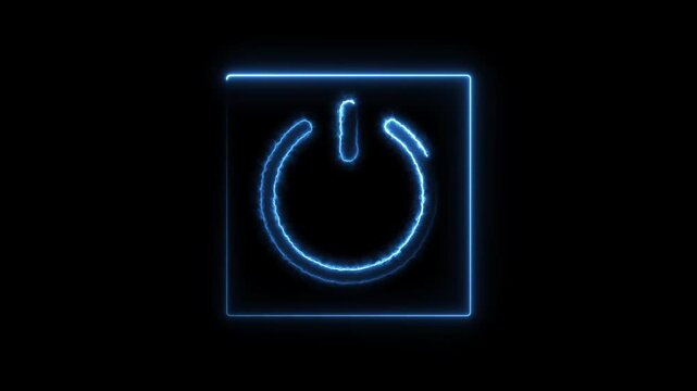 A neon power button symbol royal blue color animation against black background in simple graphic style. Neon line bright power button icon 4k video.
