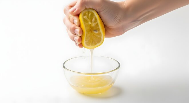 Hand squeezing fresh lemon juice into glass bowl on white background
