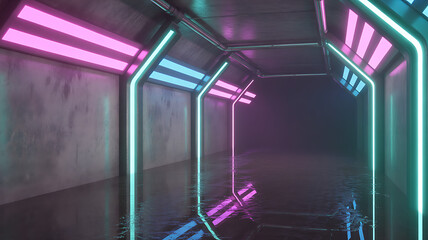 Fototapeta premium Futuristic Modern Sci Fi Realistic Grunge Concrete Reflective Dark Empty Underground Tunnel Corridor With Neon Glowing Purple Blue Pink Laser Tube Lights 3D Rendering 
