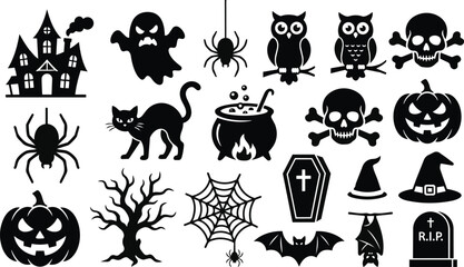 Obraz premium Halloween icons set with spooky elements and festive symbols in flat line art style