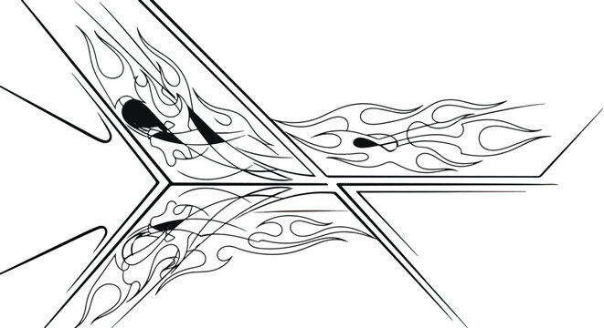 Black and white graphic illustration of a sleek aircraft or spacecraft with stylized flame or smoke trails emanating from its engines against a plain white background