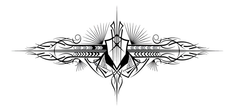 Geometric abstract design featuring a stylized figure in a suit and bow tie with symmetrical patterns on a black background