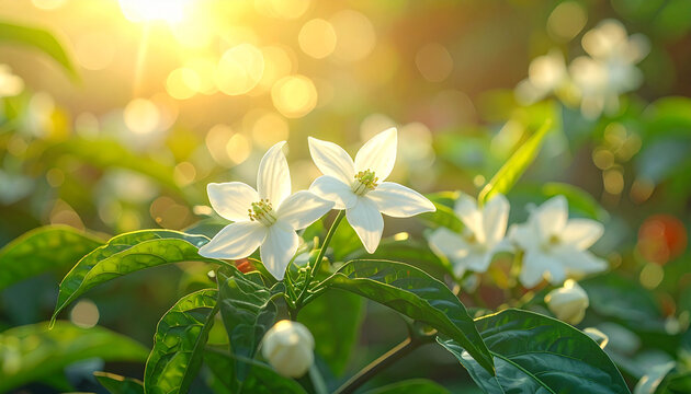 Close up of vibrant white flowers with green leaves bathed in sunlight