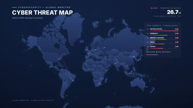 Global cyber threat map visualization with live cybersecurity attack traffic monitoring