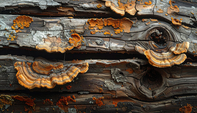 Close up of weathered wood texture with orange and brown fungus details