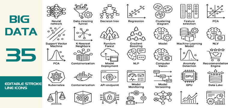 A set of flat, white-background line icons representing concepts in data science, machine learning, and artificial intelligence. Each icon features