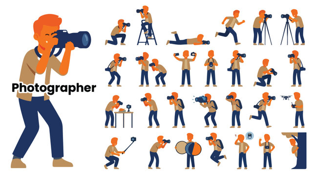 Professional photographer character set, male cameraman in various poses with digital camera equipment, flat vector collection for media production