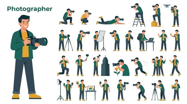 Professional photographer character set, male cameraman in various poses with digital camera equipment, flat vector illustration collection