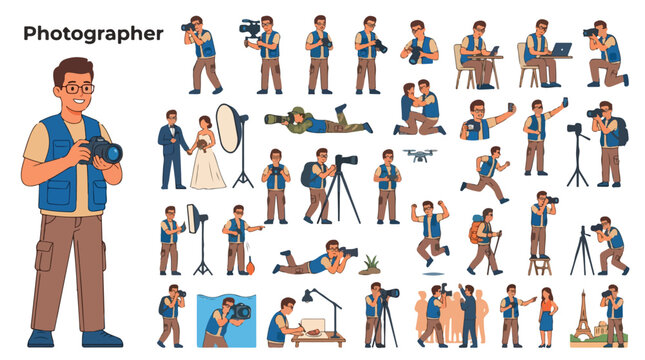 Professional photographer character set, male cameraman in various poses with camera equipment, flat vector illustration collection