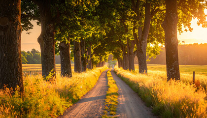 Fototapeta premium Summer countryside road bordered by tall trees during sunset creating a peaceful serene warm beautiful majestic immersive landscape photograph generative AI