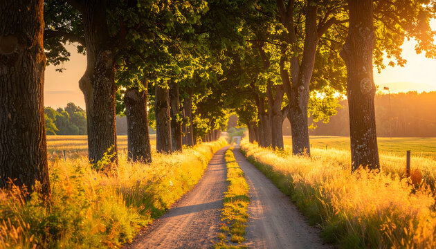 Summer countryside road bordered by tall trees during sunset creating a peaceful serene warm beautiful majestic immersive landscape photograph generative AI