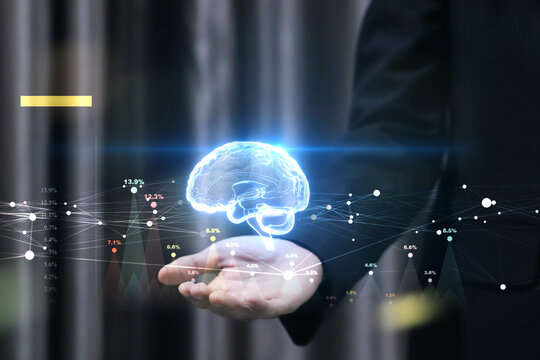 artificial intelligence brain hologram machine learning neural network, global big data analytics and deep learning business concept.