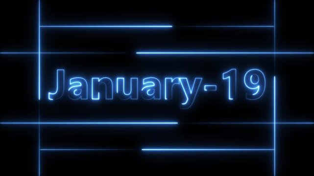 Abstract Neon January 19 calendar date Animation 4k video. Neon bright 19 January date text blue color animation. Suitable for event promotion, important.