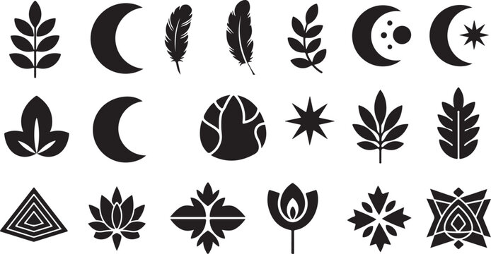 Black bohemian icons, moon phases, feathers, and flowers, 20 vector symbols