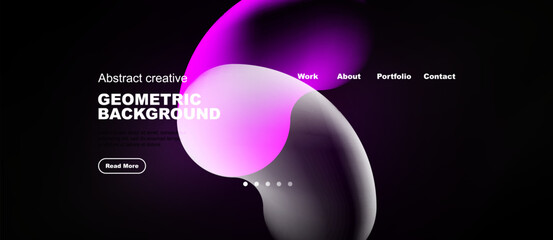 Obraz premium Dark background features abstract shapes, text elements, navigation menu. Modern design promotes creativity, geometric patterns, website presentation.