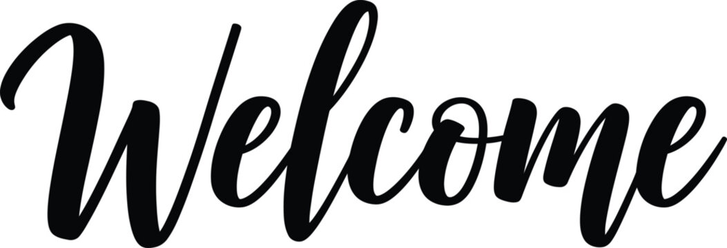 Welcome word in elegant black cursive script isolated on transparent background