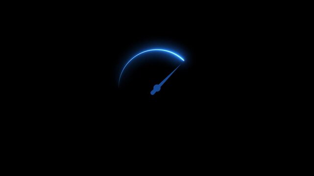 Glowing neon speedometer icon on a black background. Futuristic neon line digital speed meter animation showing smooth motion and dynamic speed changes with a seamless loop effect.