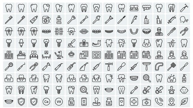 Set of 100 dental and oral care clinic glyph icons for dentistry with healthcare
