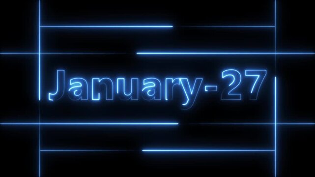 Abstract Neon January 27 calendar date Animation 4k video. Neon bright 27 January date text blue color animation. Suitable for event promotion, important.