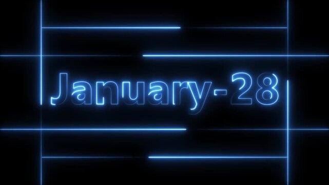 Abstract Neon January 28 calendar date Animation 4k video. Neon bright 28 January date text blue color animation. Suitable for event promotion, important.
