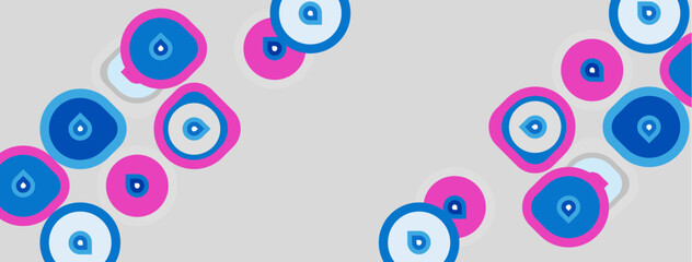 Fototapeta premium Abstract pattern features colorful circles, pink centers, blue outlines. Shapes repeat across light gray background. Simple design.
