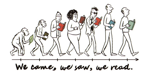 Humorous cartoon evolution of man parody showing diverse people walking and reading books along a timeline, clever educational and historical concept