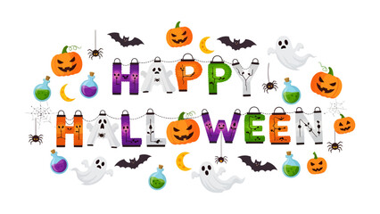 Fototapeta premium Happy Halloween Graphic: Festive lettering spells out Happy Halloween, surrounded by playful illustrations of ghosts, pumpkins, bats, spiders, and potion bottles.