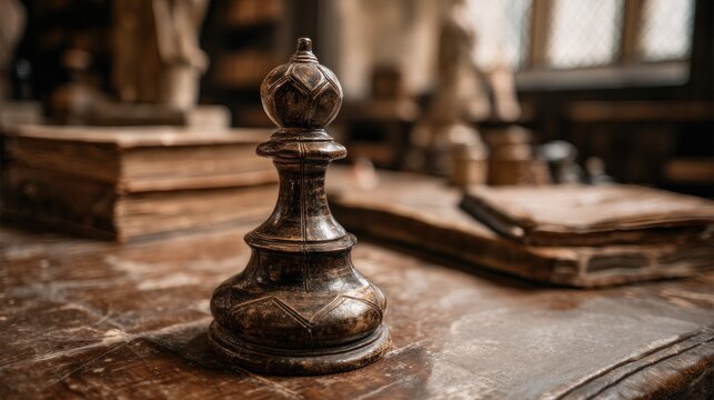 Close up of a chess piece on a wooden table with books in the background