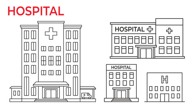 Hospital and Medical Clinic Building Outline Vector Icon Set