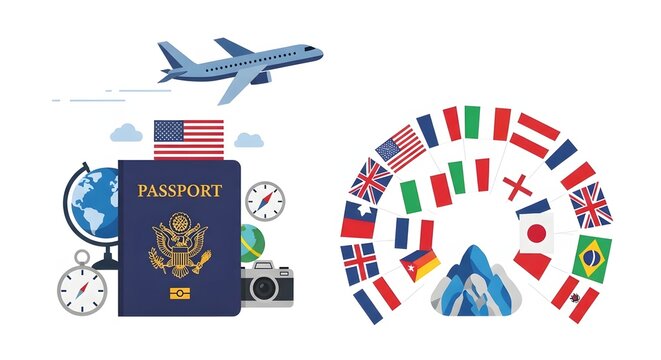 International travel flags passport and global tourism