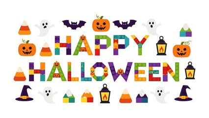 Fototapeta premium Happy Halloween Greeting: A festive and colorful illustration spells out Happy Halloween with playful motifs like pumpkins, ghosts, bats, and candy corn.