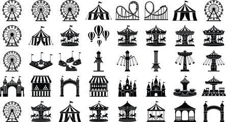 Amusement park silhouette vector icons set with ferris wheel, roller coaster and carnival carousel graphics © Sagor