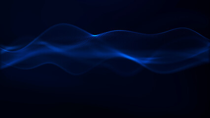 A soft deep blue particle ribbon flows across a dark background, providing a calm modern visual for data movement, sound, communication, technology, and digital media. © Aksver