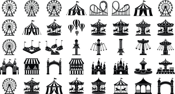 Amusement park silhouette vector icons set with ferris wheel, roller coaster and carnival carousel graphics