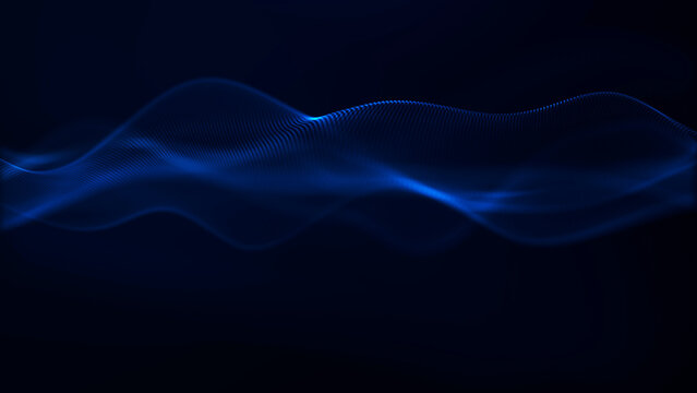 A soft deep blue particle ribbon flows across a dark background, providing a calm modern visual for data movement, sound, communication, technology, and digital media.