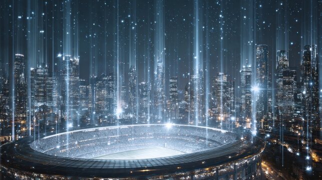 Streams of glowing data flow from a football arena into modern business towers, representing sports data monetization and corporate finance.