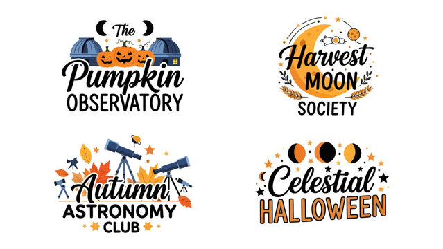 Halloween and Autumn Astronomy Logos: A collection of four whimsical graphic designs featuring themes of Halloween and autumn astronomy, including pumpkins, telescopes, moons, and celestial bodies.