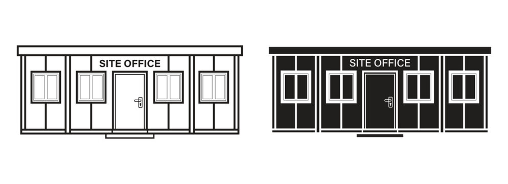 Site office cabin construction container portable building vector icon set outline and solid styles