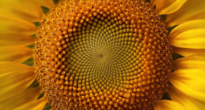 An extreme close-up macro photograph of a radiant sunflower, capturing the complex, mathematical spiral geometry (Fibonacci sequence) of its center, featuring tightly packed, golden pollen-dusted flor