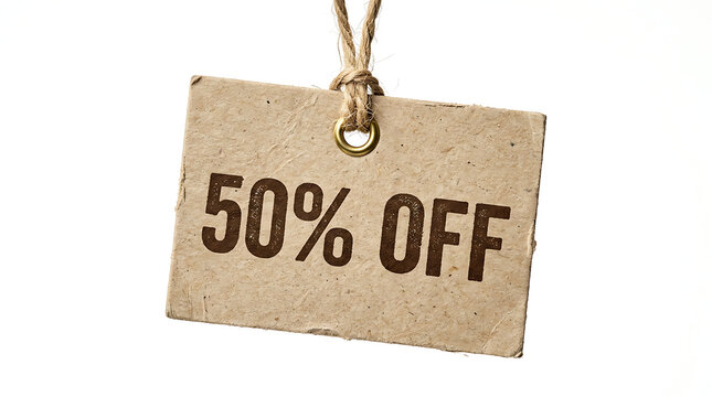 50% OFF sale tag isolated on a white background for shopping promotions