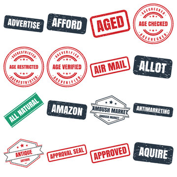 Advertise, Afford, Aged, Age Checked, Age Restricted, Age Verified, Air Mail, All Natural, Allot, Ambush Market, Anti Marketing, Antique, Approval Seal, Approved and Acquire Vintage Grunge Rubber Stam