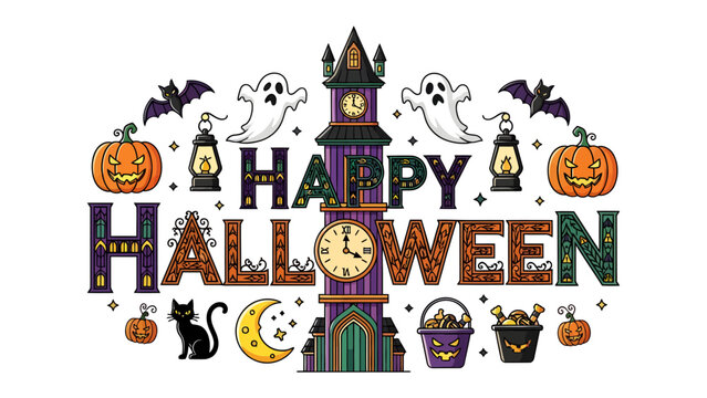 Happy Halloween Illustration: A whimsical Halloween illustration features Happy Halloween text adorned with spooky elements like ghosts, bats, pumpkins, lanterns, and a charming clock tower.