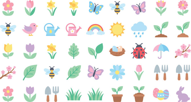 Spring and gardening cartoon vector icons set with flowers, easter bunny, tools and rain elementsSpring and gardening cartoon vector icons set with flowers, easter bunny, tools and rain elements