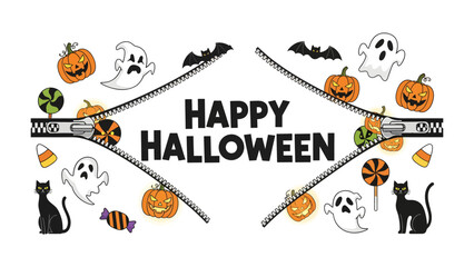 Naklejka premium Happy Halloween Zipped Celebration: A playful arrangement of Halloween icons, including pumpkins, ghosts, black cats, and candy.