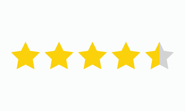 Five star rating system with four full yellow stars and one half grey star, representing evaluation and customer feedback, graphic vector illustration.