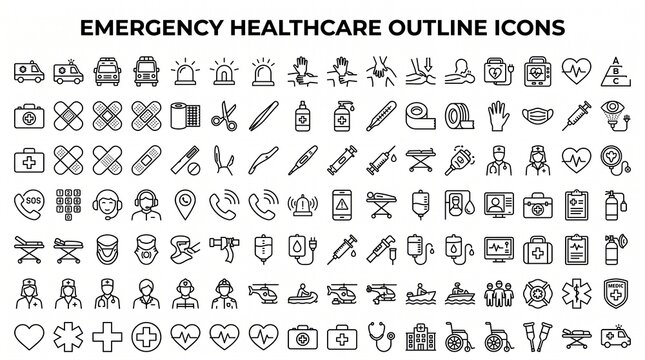 Set of medical and emergency healthcare outline icons for hospital services