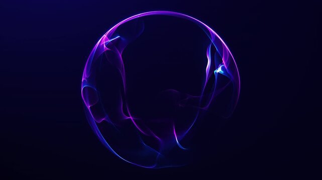 Vivid magenta and blue ribbons form a luminous energy orb on deep navy, suited for AI visualization, digital communication, science, networks, and futuristic media.