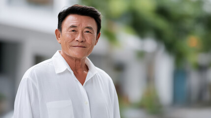Fototapeta premium Mature Asian man smiling outdoors, wearing white shirt, standing in urban street with greenery, natural light, confident and friendly expression